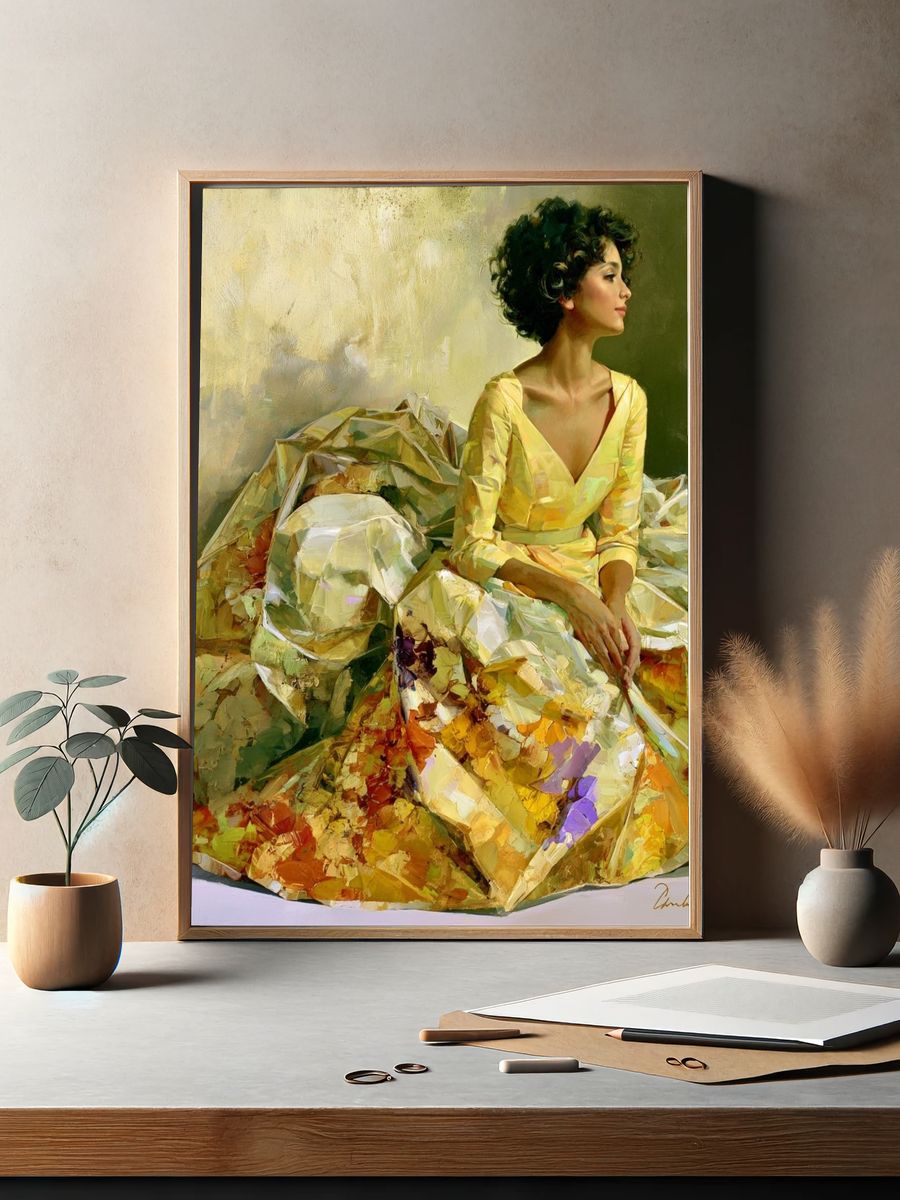 Elegant Woman in Yellow Fine-Art Poster. — room view 2