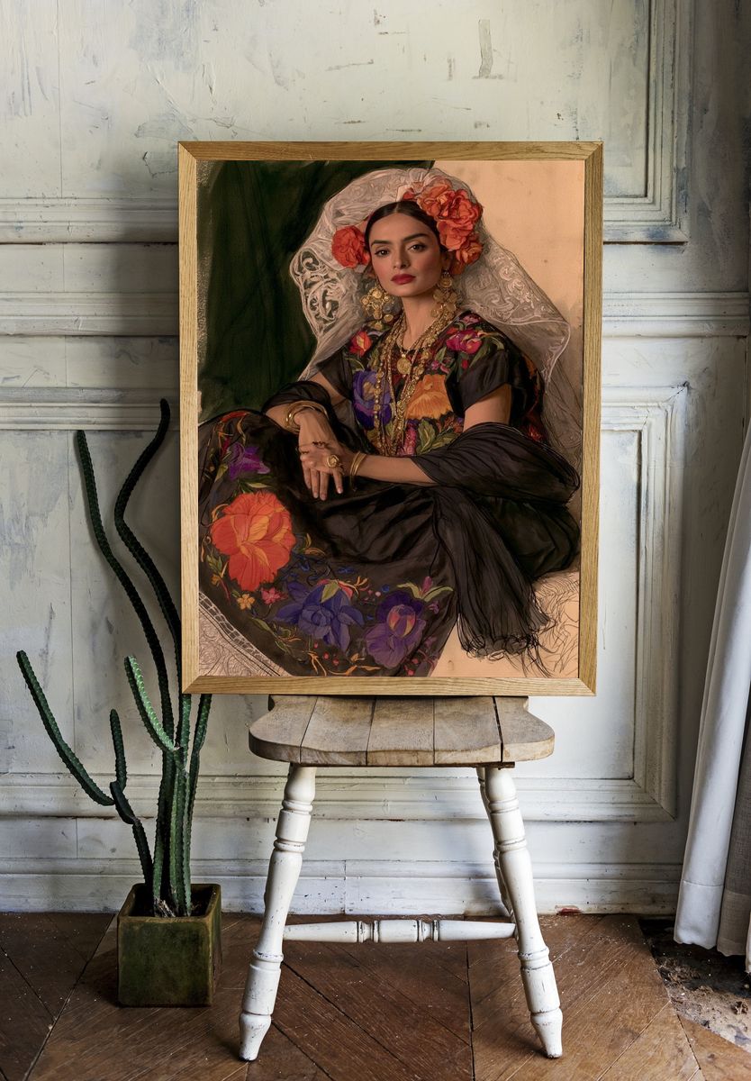 Frida Kahlo Floral Portrait Print. room preview
