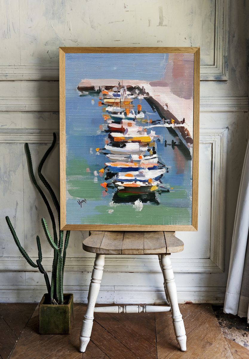 Colorful Boats at Dock — Fine Art Print. — room view 1
