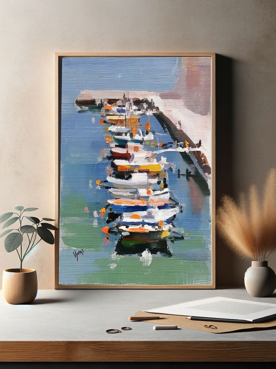 Colorful Boats at Dock — Fine Art Print. — room view 2