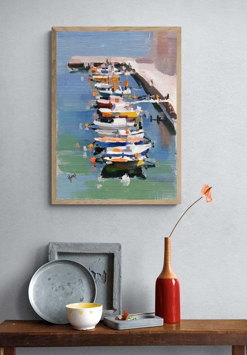 Colorful Boats at Dock — Fine Art Print. — room view 3