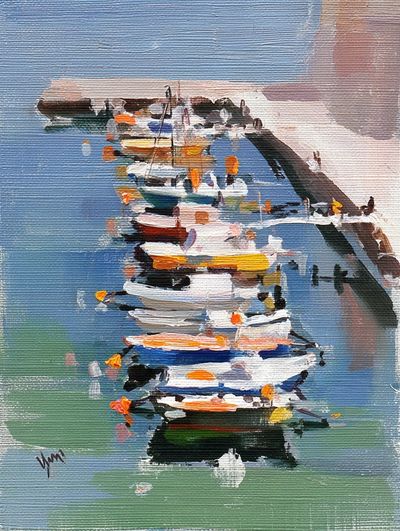 Colorful Boats at Dock — Fine Art Print. poster