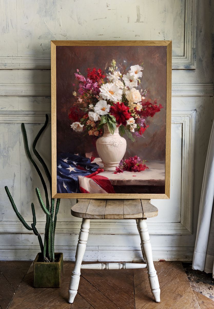 Floral Arrangement with American Flag — Fine Art Print. — room view 1