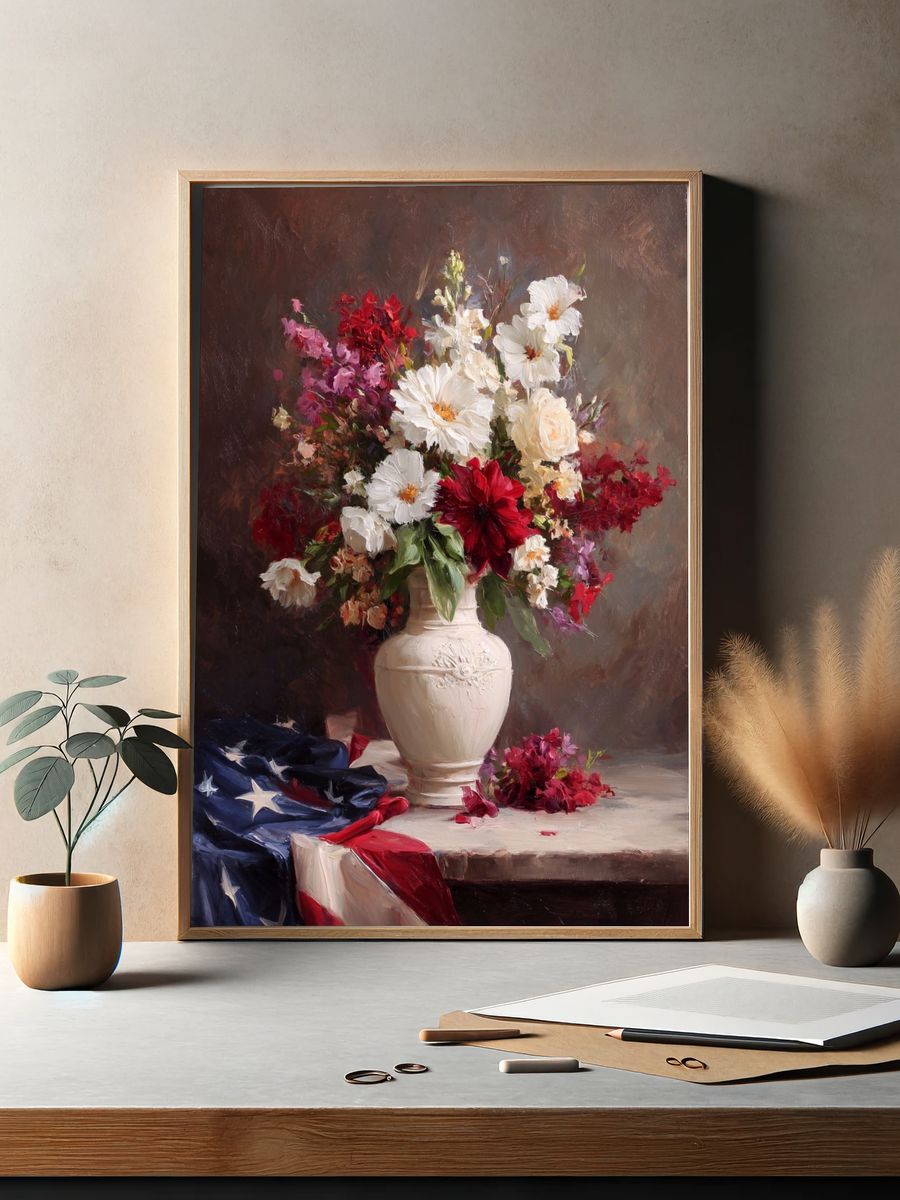 Floral Arrangement with American Flag — Fine Art Print. — room view 2