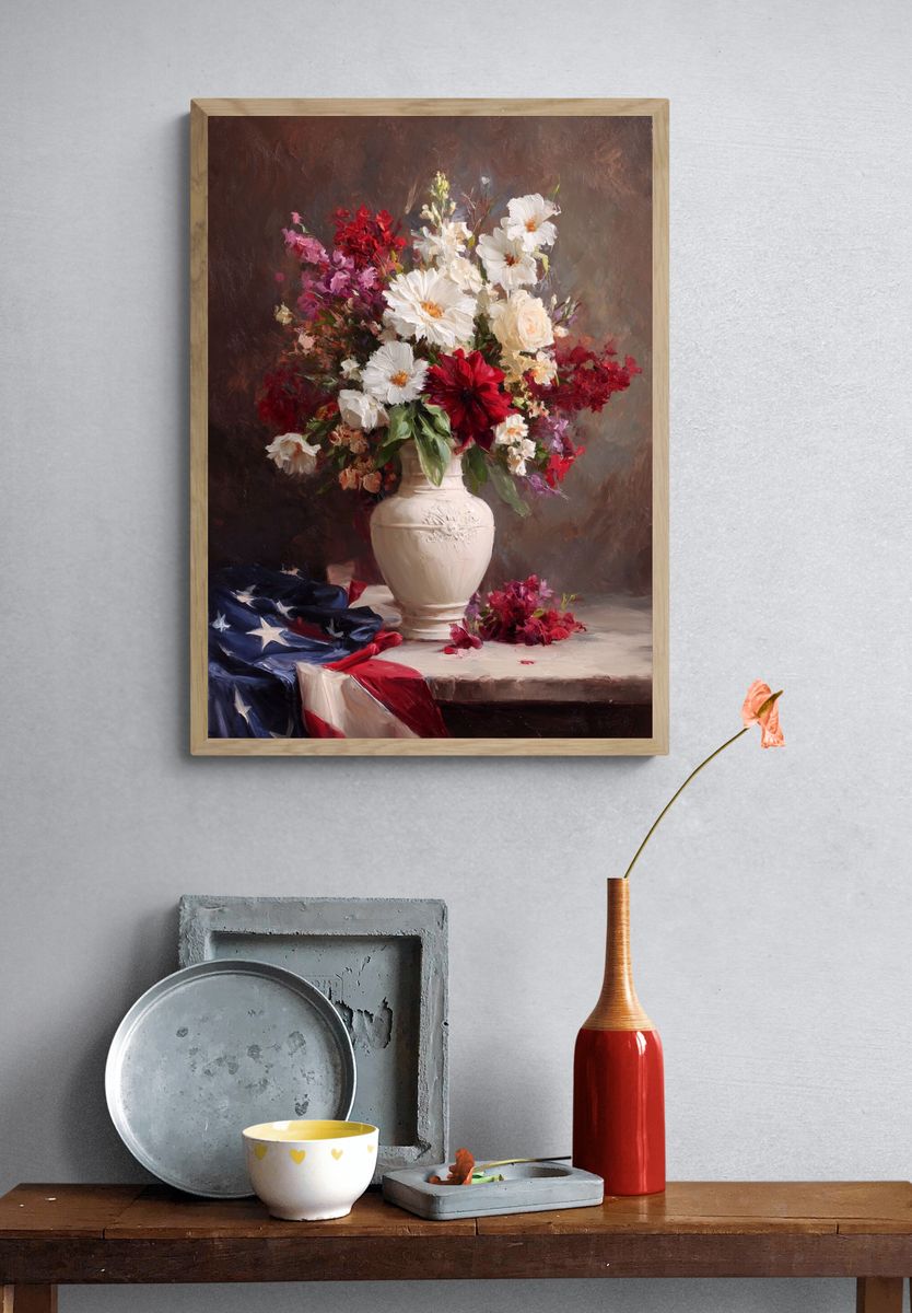 Floral Arrangement with American Flag — Fine Art Print. — room view 3