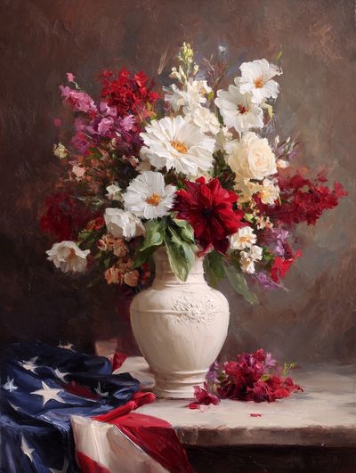 Floral Arrangement with American Flag — Fine Art Print. poster print