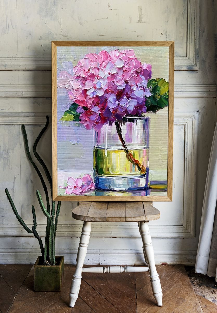 Pink Hydrangea Still Life Print. room preview