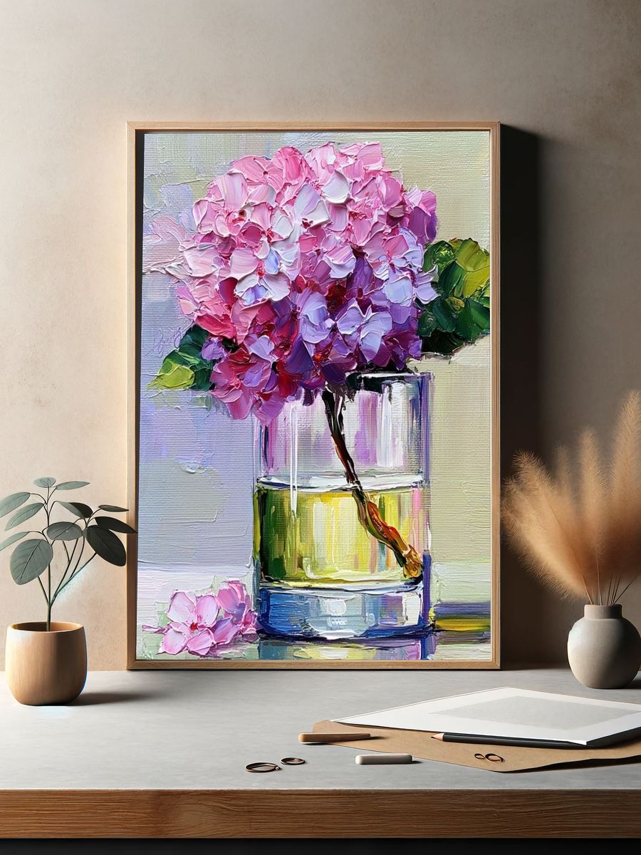 Pink Hydrangea Still Life Print. — room view 2