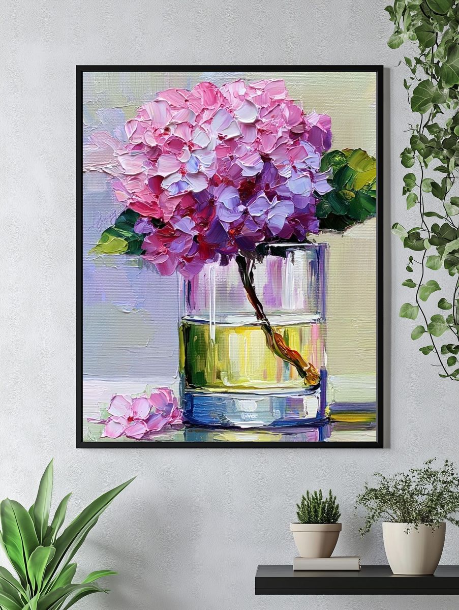 Pink Hydrangea Still Life Print. — room view 4