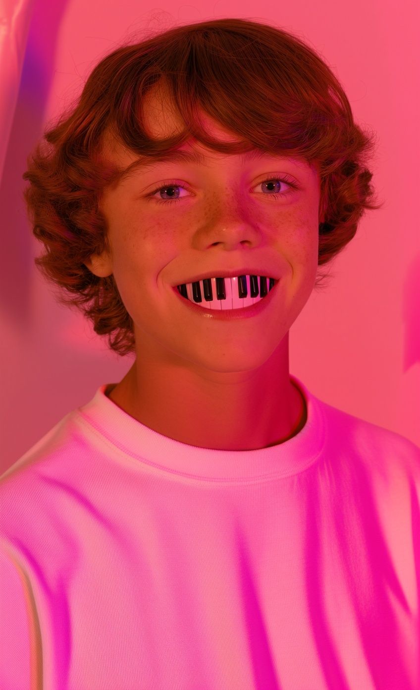 Neon Piano Smile Portrait Print. poster detail