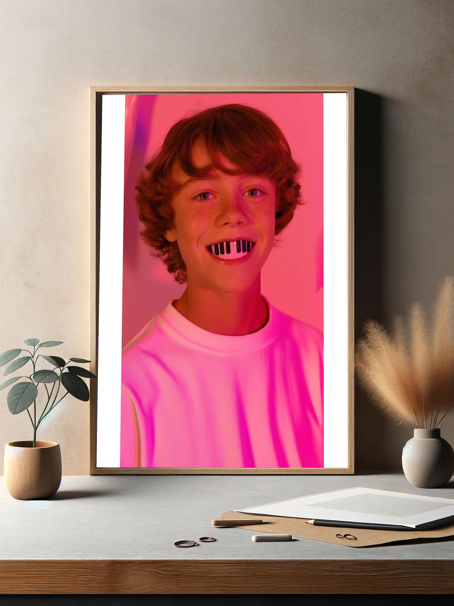 Neon Piano Smile Portrait Print. — room view 2