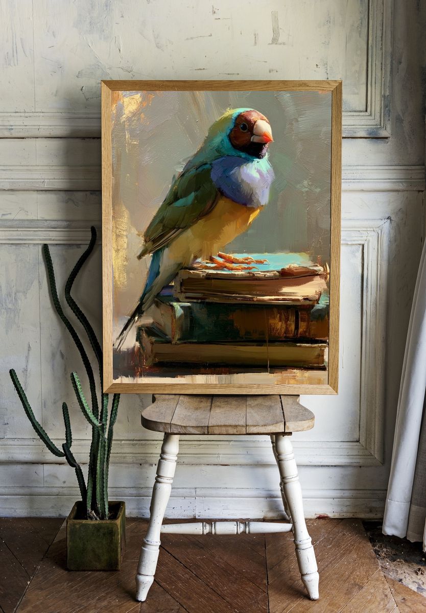 Colorful Bird on Books Illustration Poster. room preview