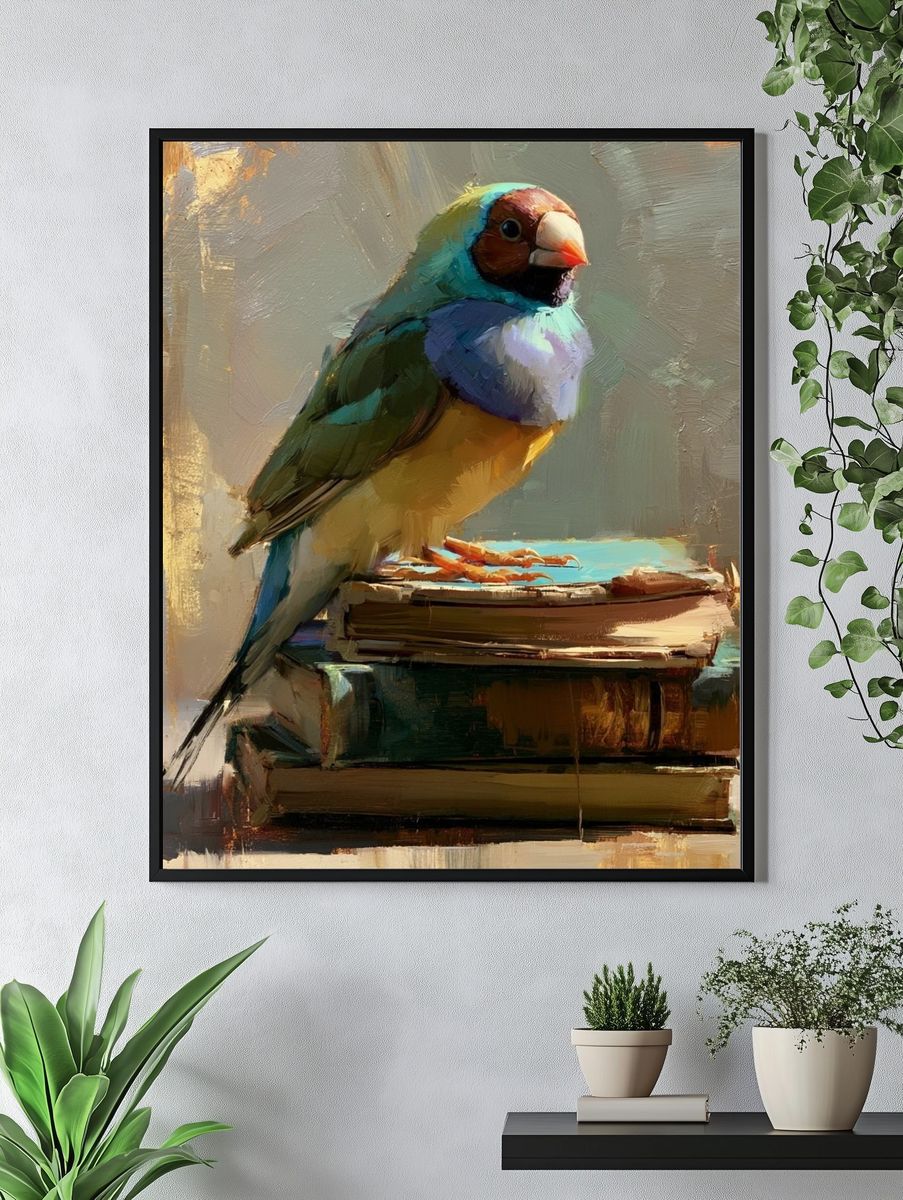 Colorful Bird on Books Illustration Poster. — room view 4