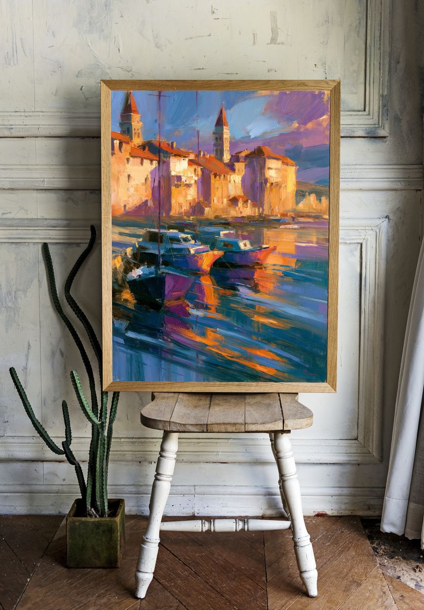 Sunlit Harbor Town Fine-Art Print. room preview