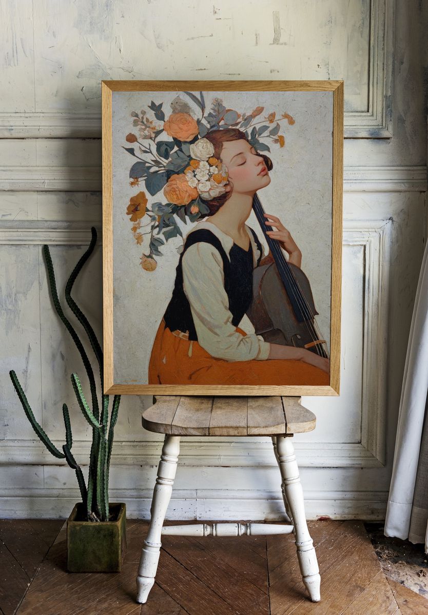 Serene Musician with Floral Crown — Fine Art Print. — room view 1