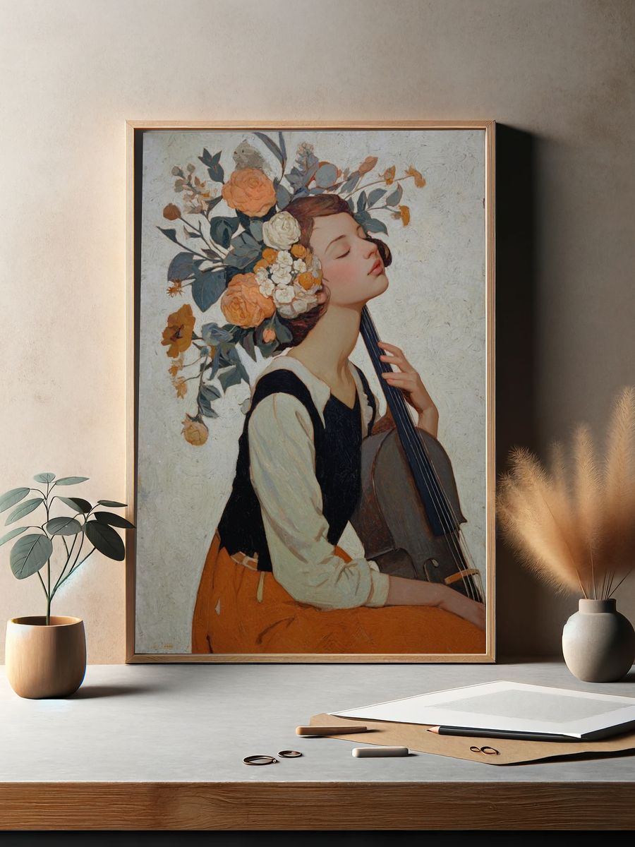 Serene Musician with Floral Crown — Fine Art Print. — room view 2