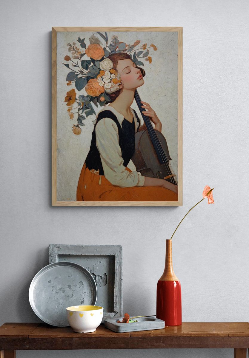 Serene Musician with Floral Crown — Fine Art Print. — room view 3
