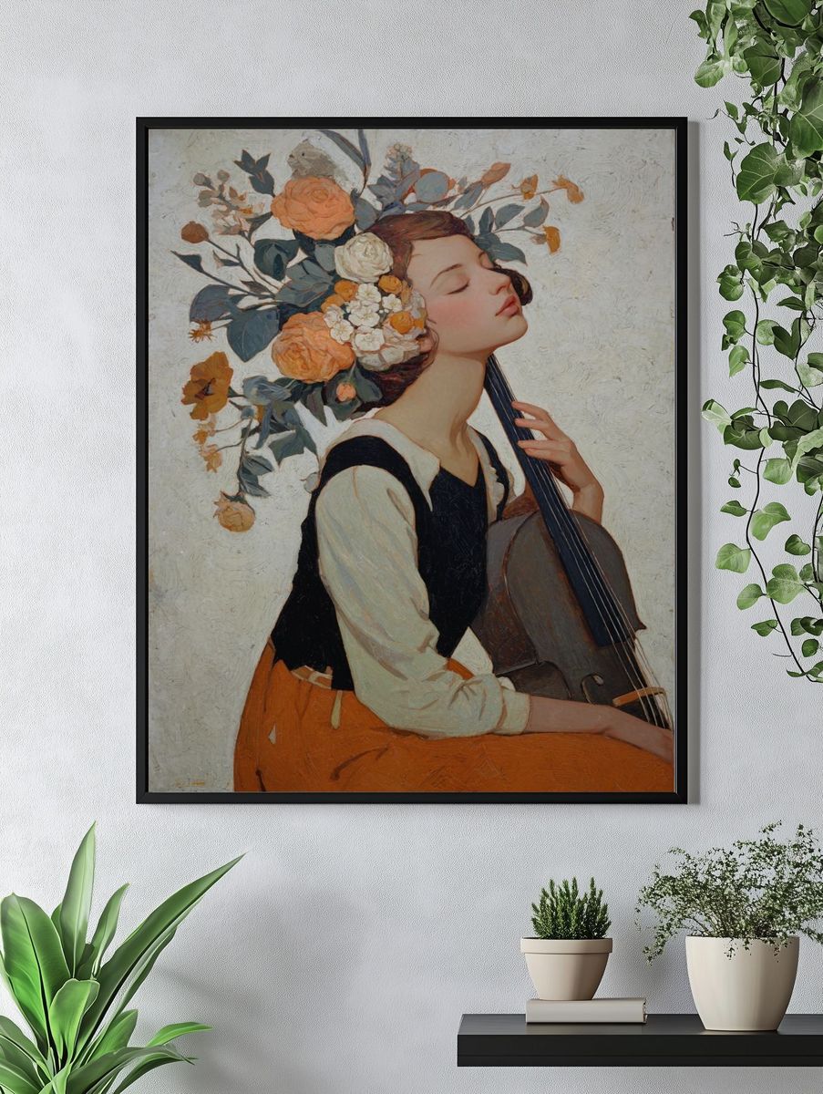 Serene Musician with Floral Crown — Fine Art Print. — room view 4