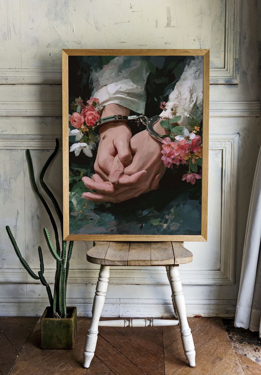 Hands in Handcuffs with Flowers — Fine Art Print. — room view 1