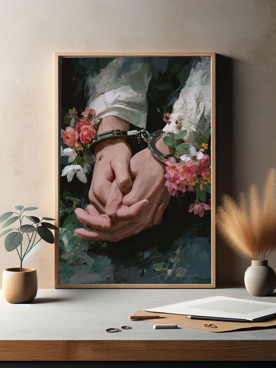 Hands in Handcuffs with Flowers — Fine Art Print. — room view 2