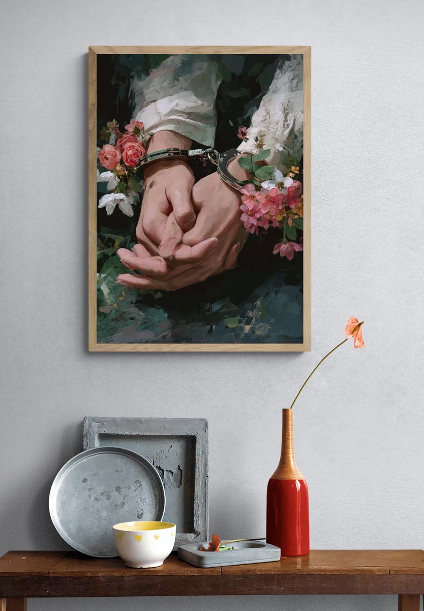 Hands in Handcuffs with Flowers — Fine Art Print. — room view 3