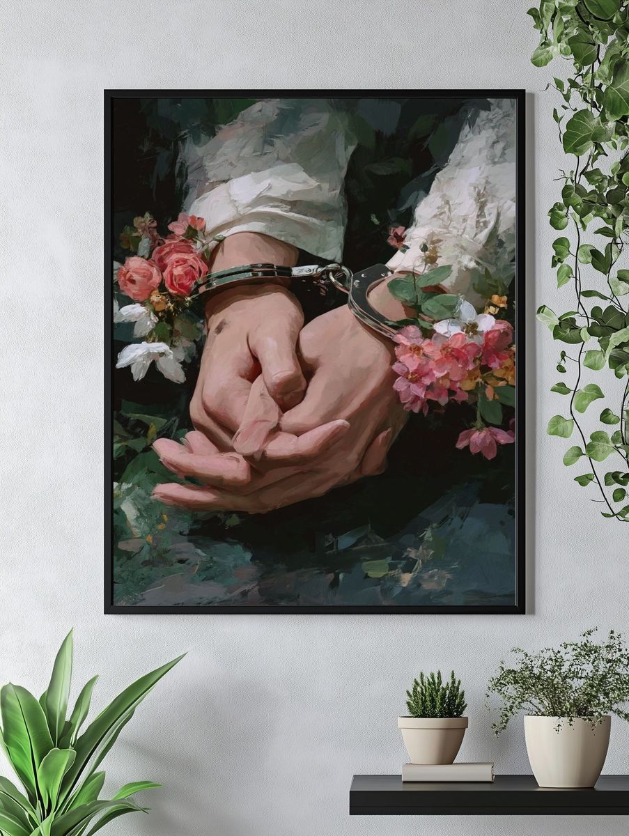 Hands in Handcuffs with Flowers — Fine Art Print. — room view 4