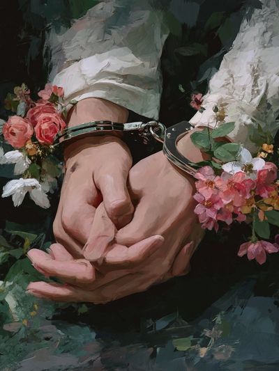 Hands in Handcuffs with Flowers — Fine Art Print. poster print