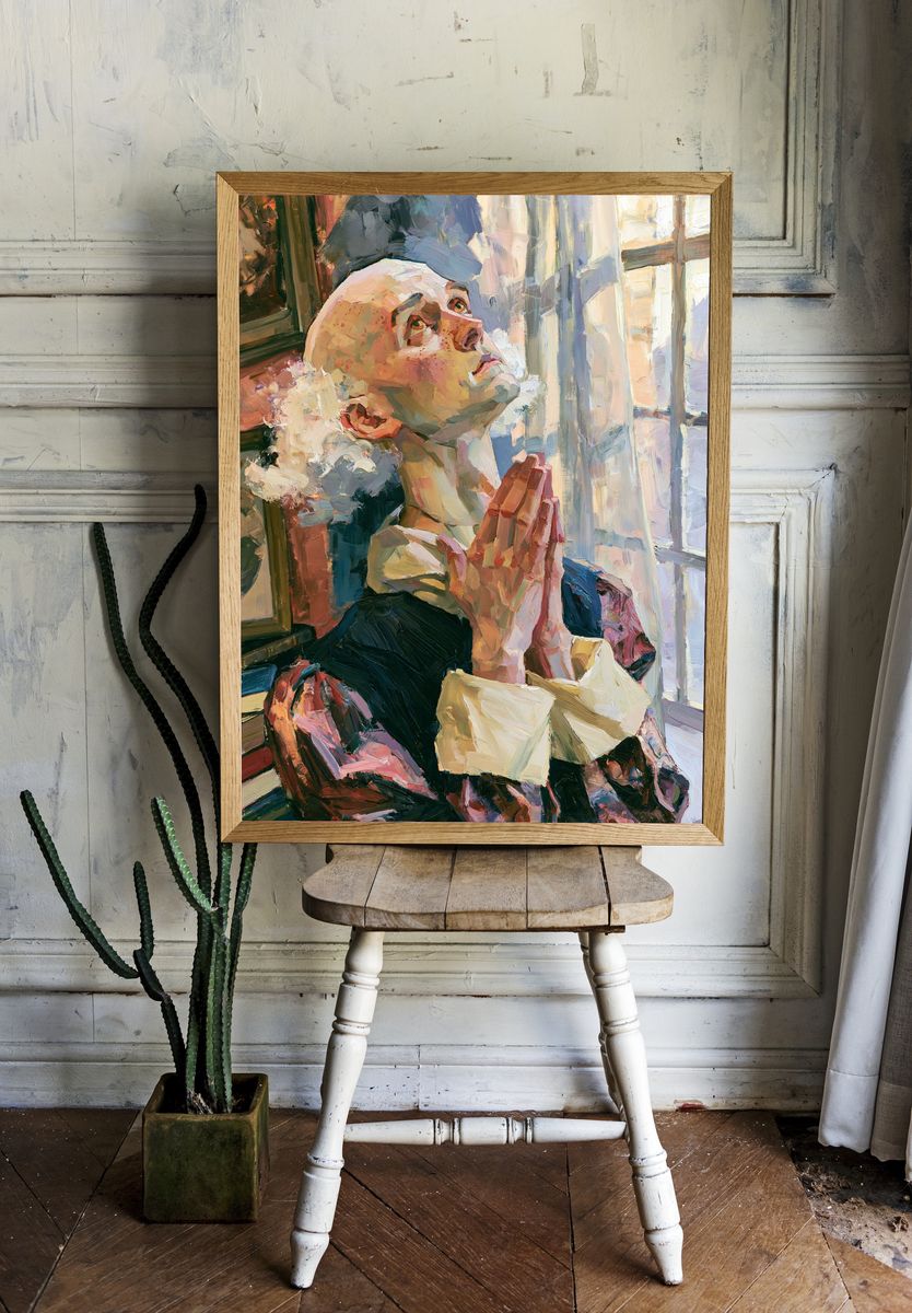 Praying Woman Oil Portrait Poster. room preview