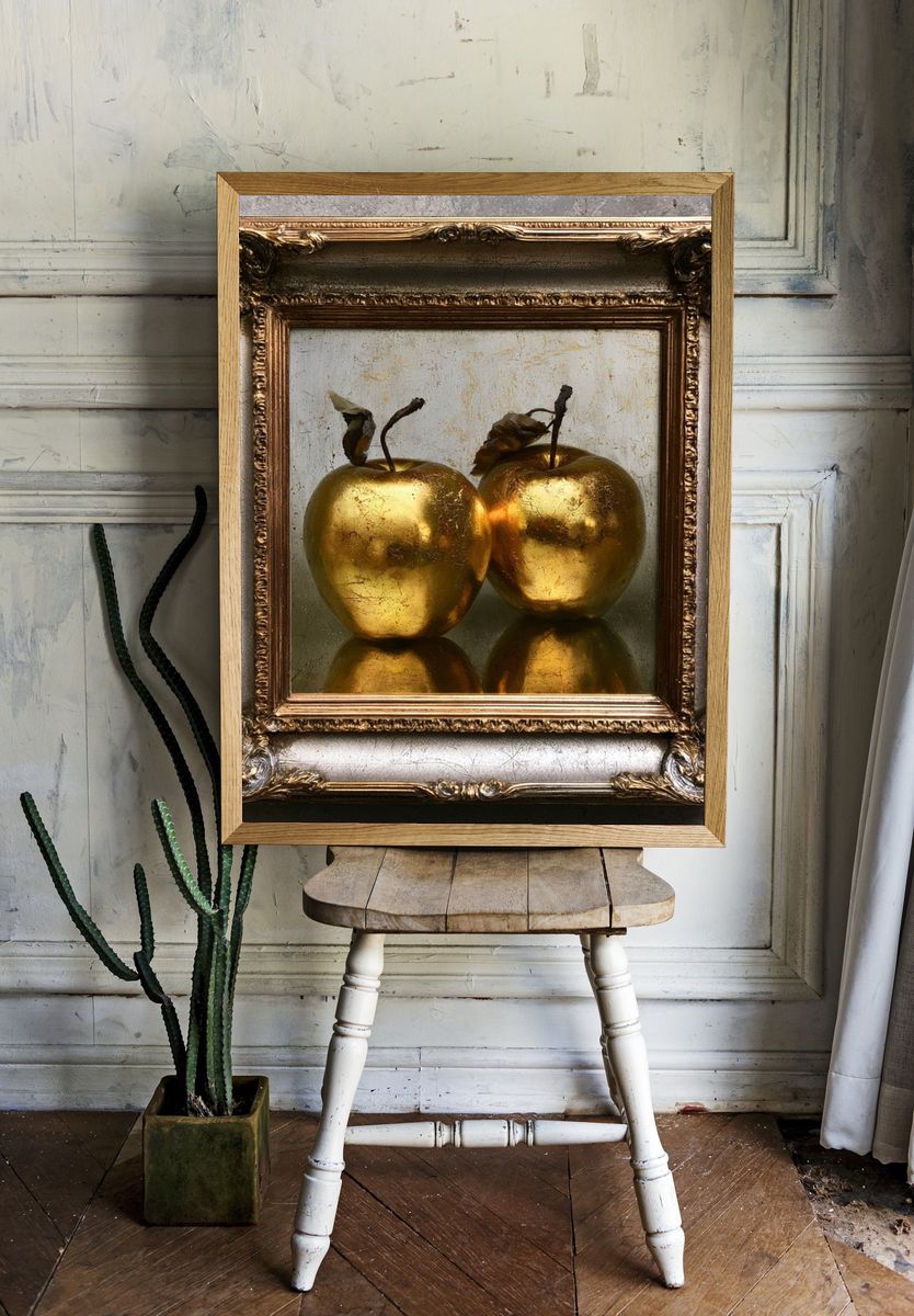 Golden Apples Still Life Print. room preview