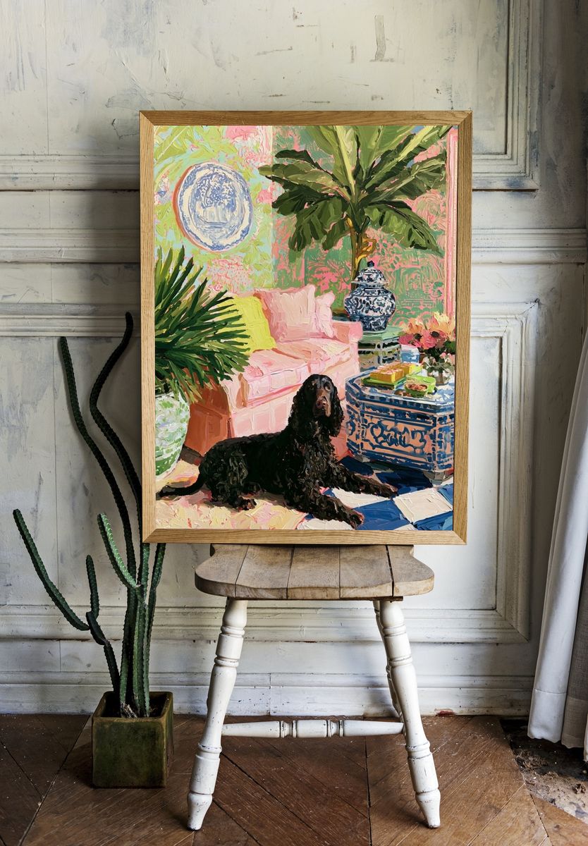 Tropical Living Room with Spaniel Poster. room preview