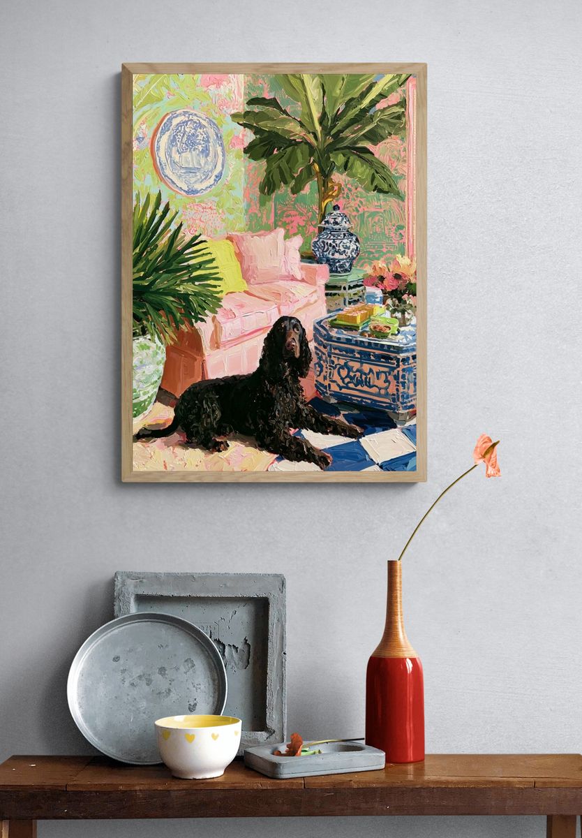Tropical Living Room with Spaniel Poster. — room view 3