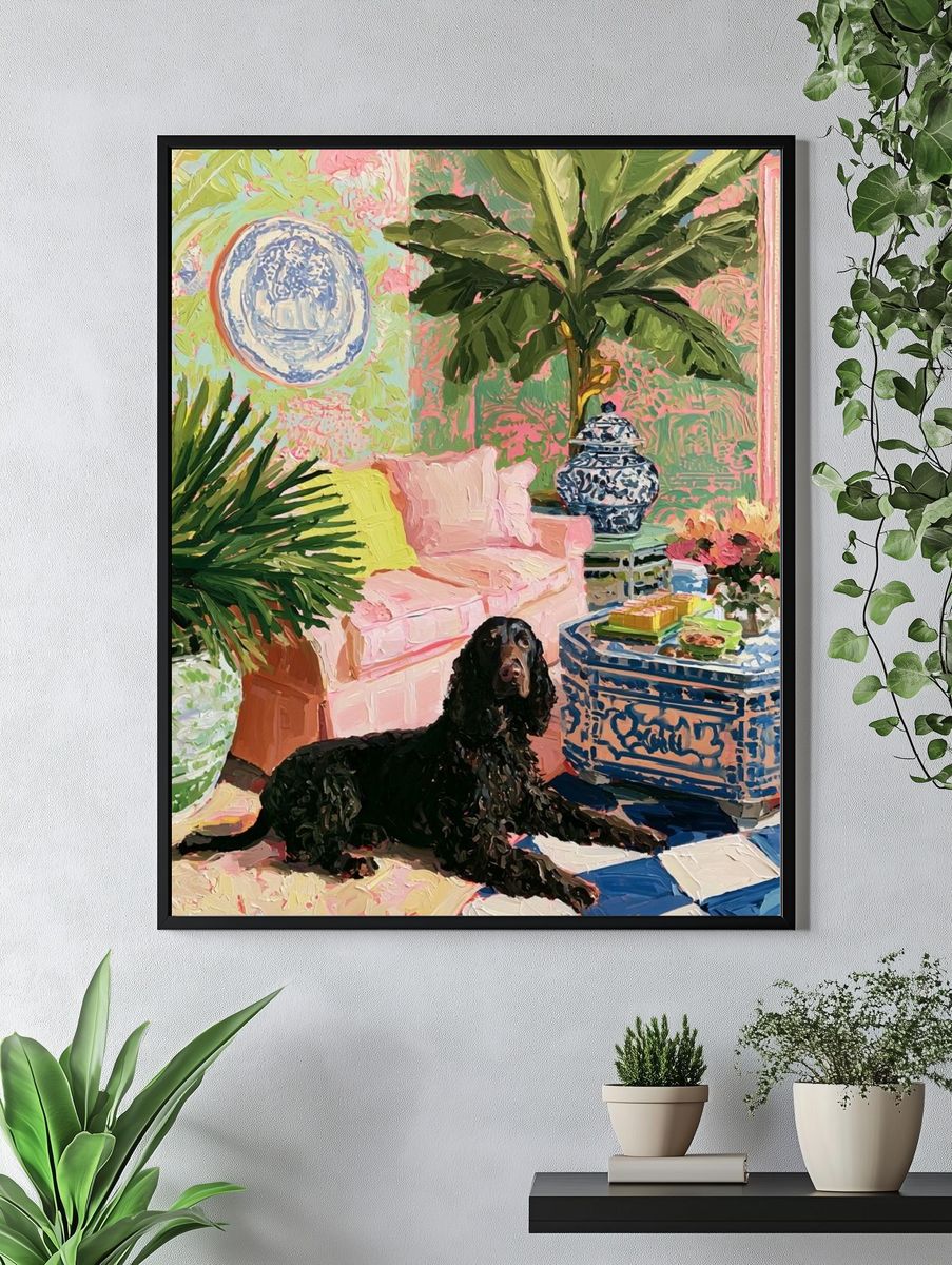 Tropical Living Room with Spaniel Poster. — room view 4