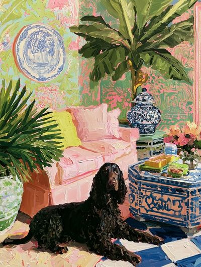 Tropical Living Room with Spaniel Poster. poster