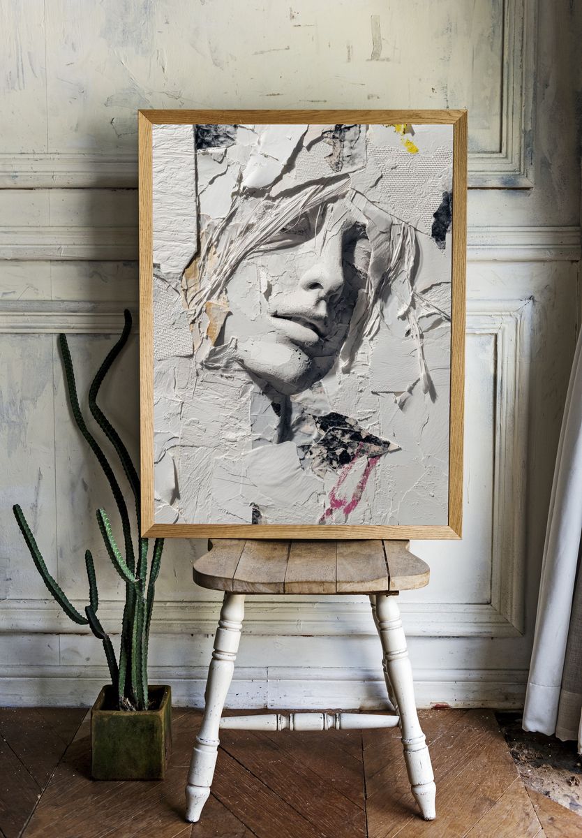Textured White Face Collage Poster. — room view 1
