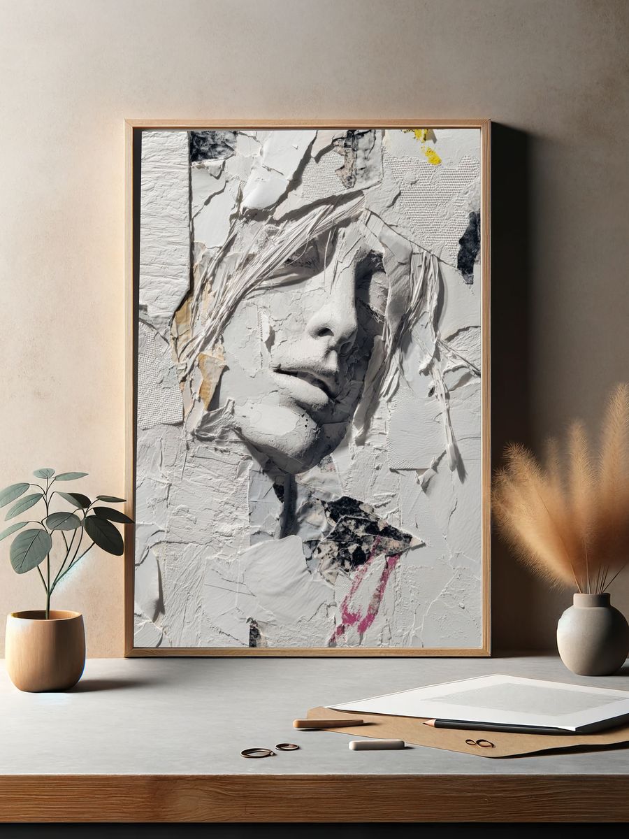 Textured White Face Collage Poster. — room view 2