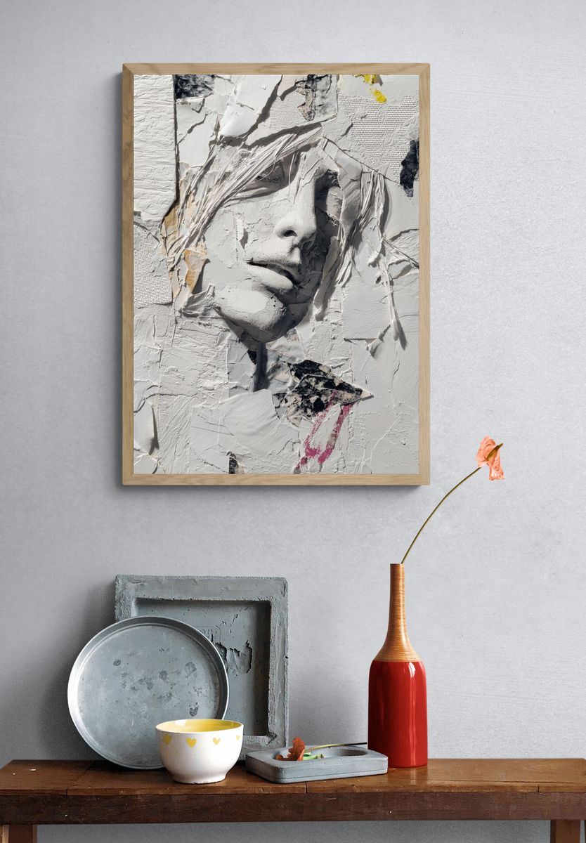 Textured White Face Collage Poster. — room view 3