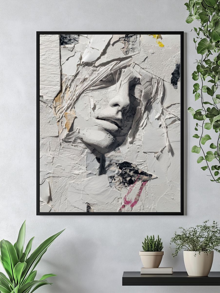 Textured White Face Collage Poster. — room view 4