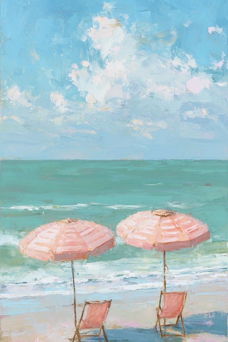 Pastel Beach Umbrellas Painting Poster. poster detail