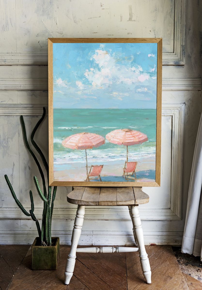 Pastel Beach Umbrellas Painting Poster. room preview