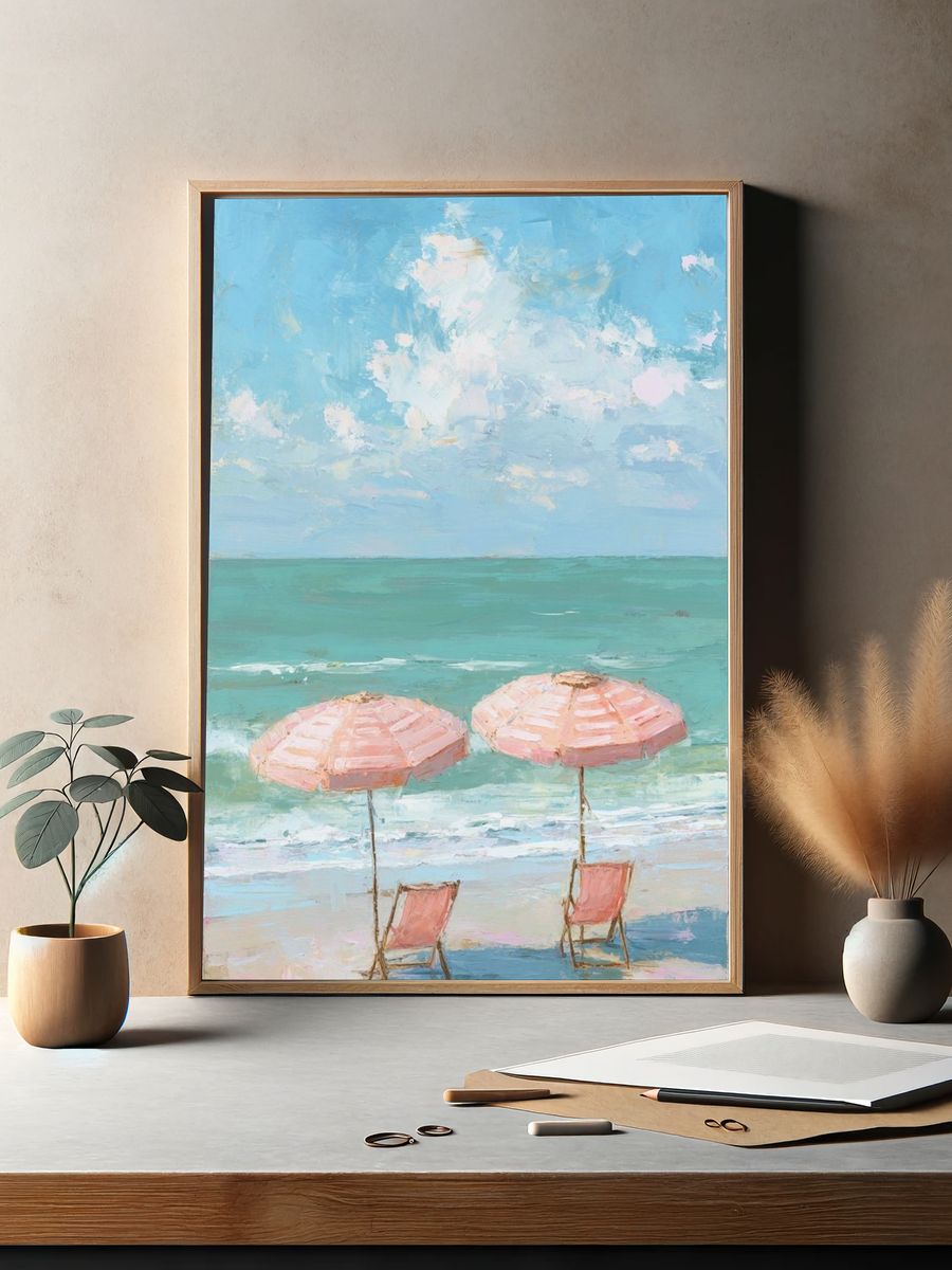 Pastel Beach Umbrellas Painting Poster. — room view 2