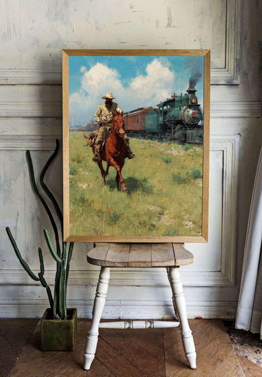 Cowboy and Steam Train Western Print. — room view 1