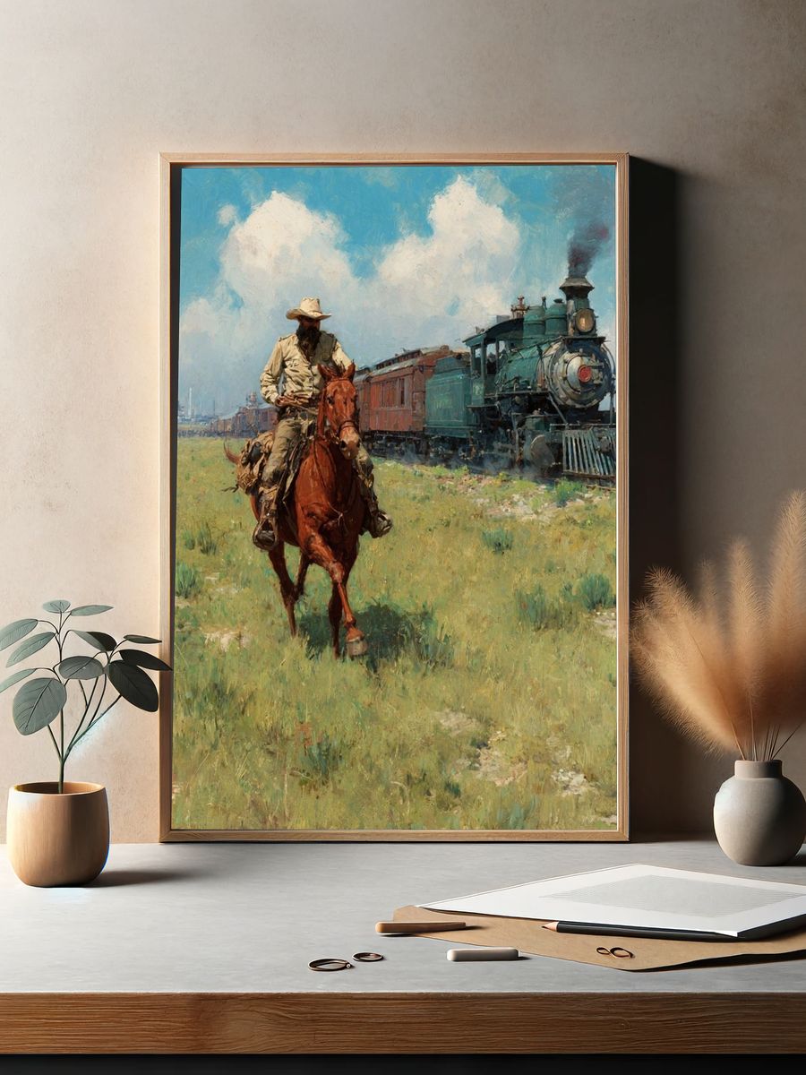 Cowboy and Steam Train Western Print. — room view 2