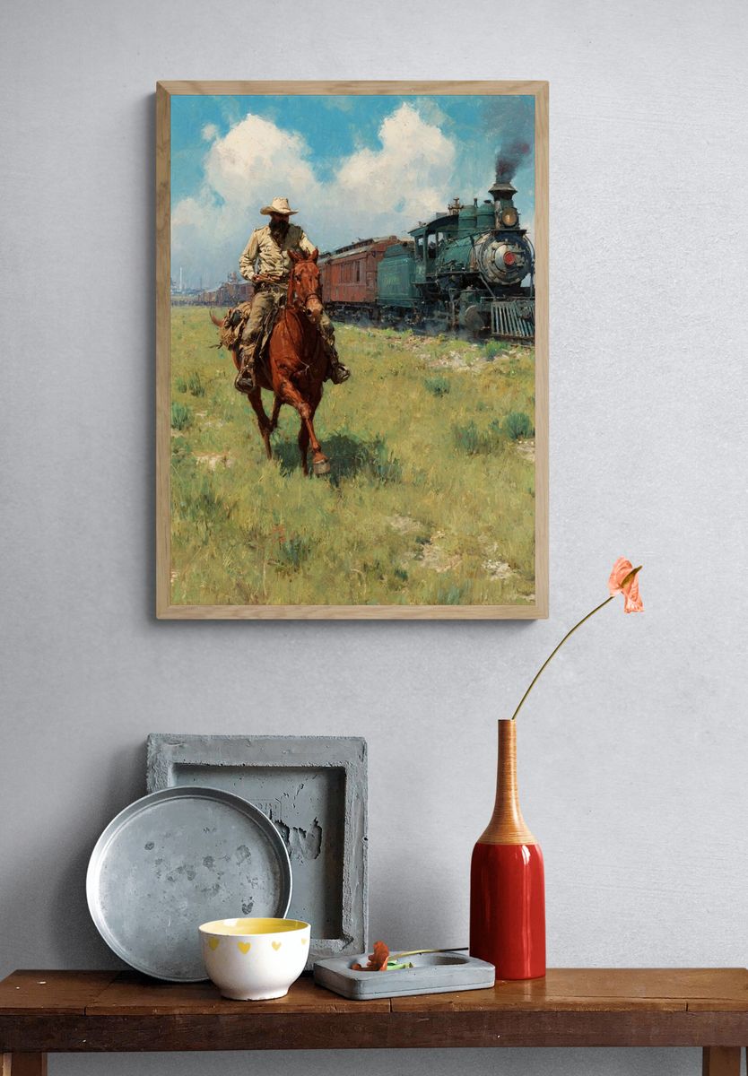 Cowboy and Steam Train Western Print. — room view 3