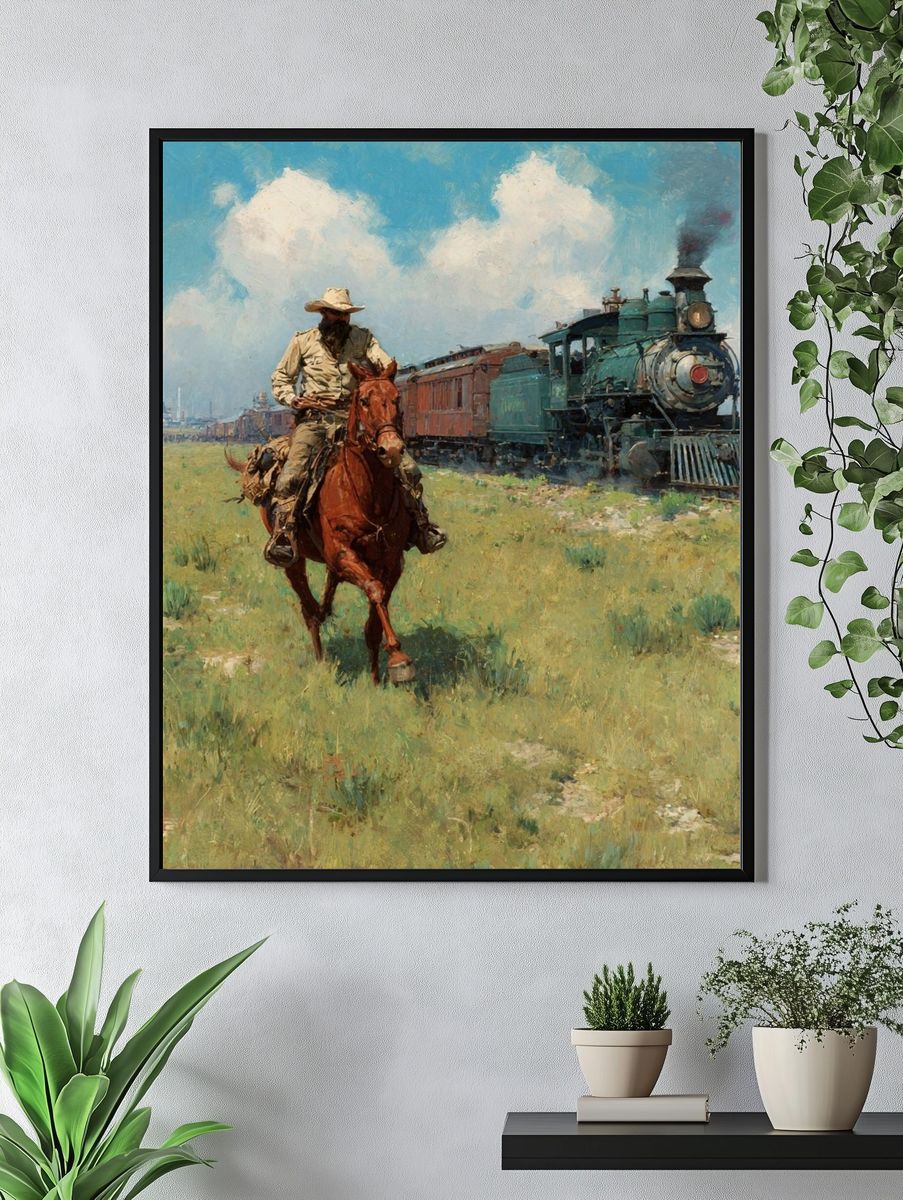 Cowboy and Steam Train Western Print. — room view 4