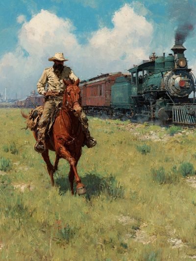 Cowboy and Steam Train Western Print.