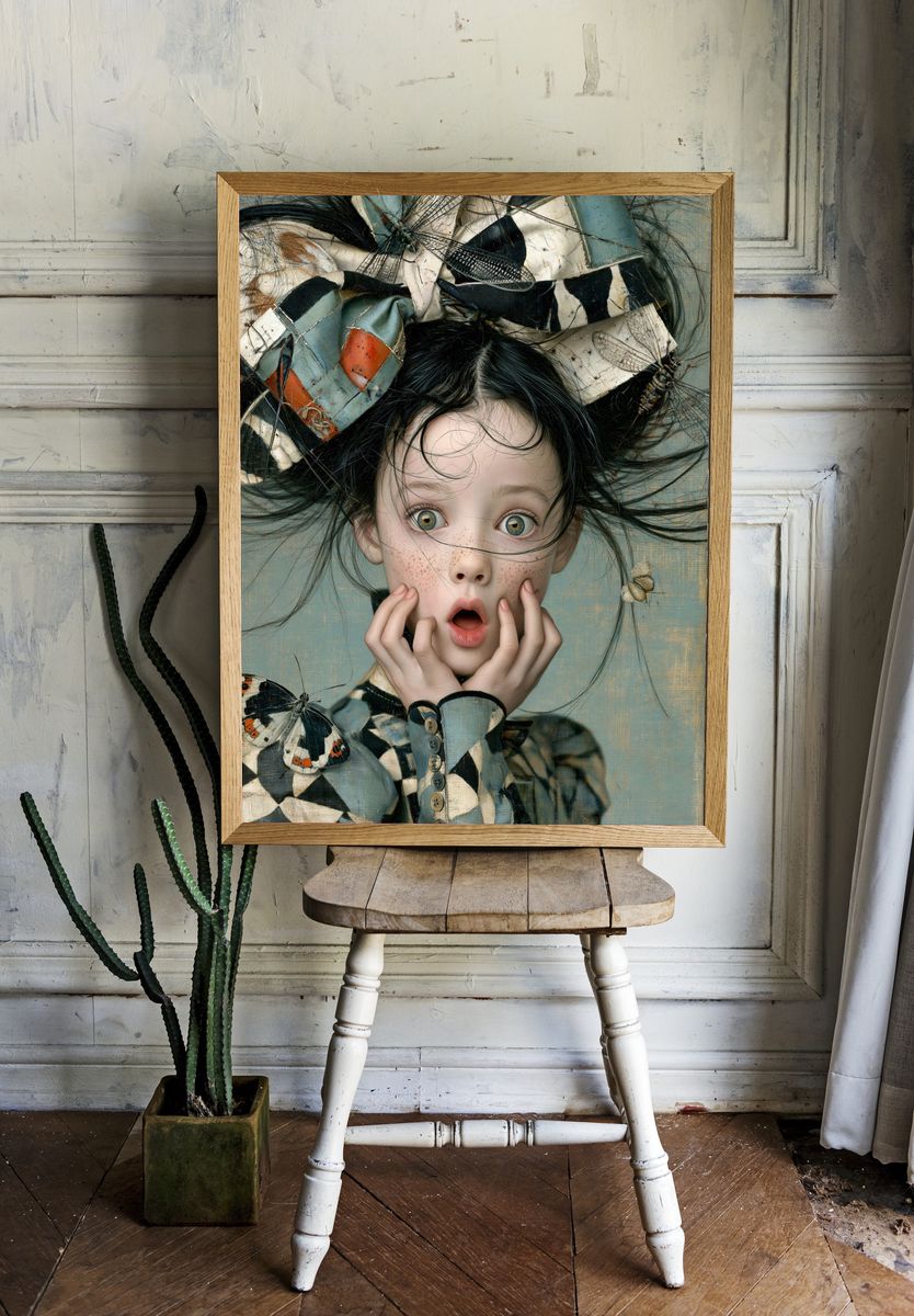 Surprised Girl with Butterflies Print. — room view 1