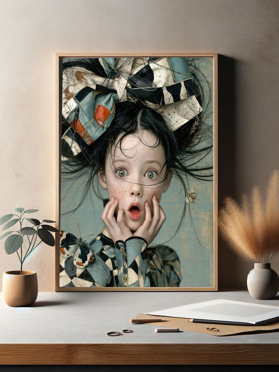 Surprised Girl with Butterflies Print. — room view 2