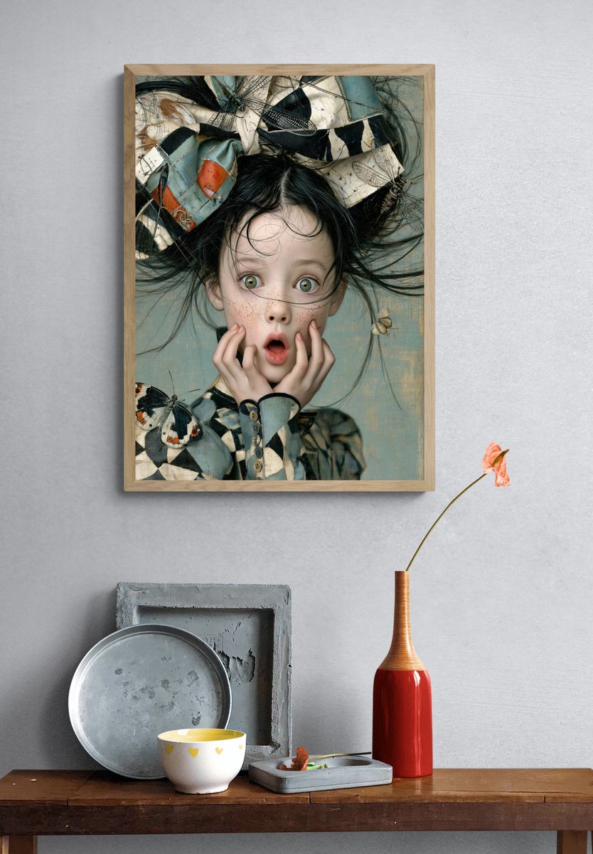 Surprised Girl with Butterflies Print. — room view 3