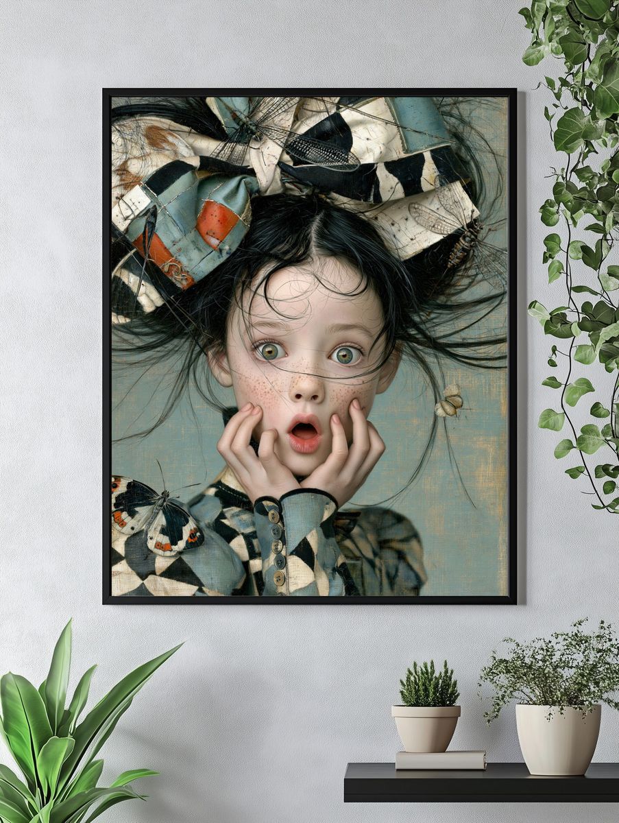 Surprised Girl with Butterflies Print. — room view 4