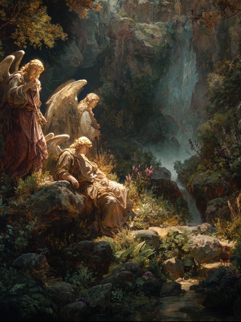 Angelic Figures in a Serene Landscape Poster. poster — fine-art art